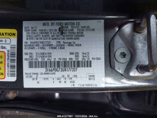 Ford FUSION S 2016 3FA6P0G73GR177327 Image 9