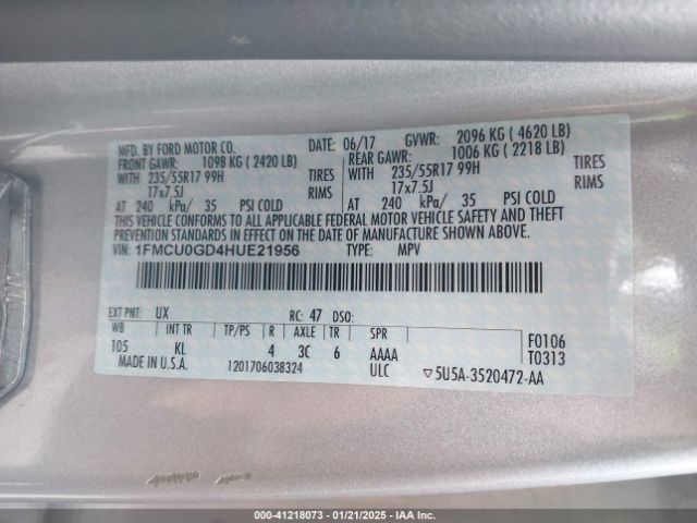 1FMCU0GD4HUE21956 Ford ESCAPE SE