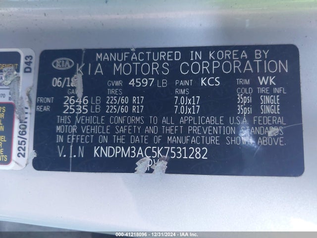 Aukcja sprzedaży 2019 Kia Sportage Lx, vin: KNDPM3AC5K7531282, numer aukcji: 41218096
