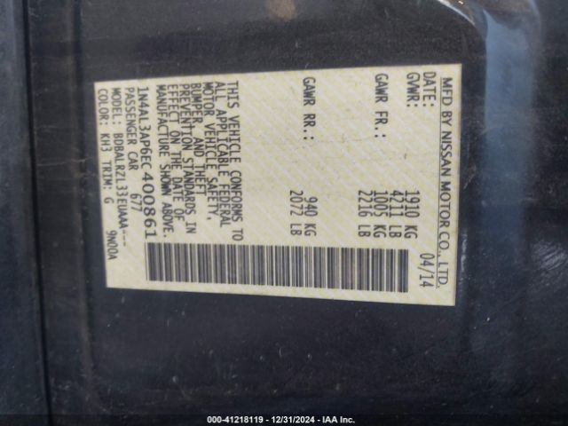 1N4AL3AP6EC400861 Nissan Altima 2.5/2.5 S/2.5 Sl/2.5 Sv