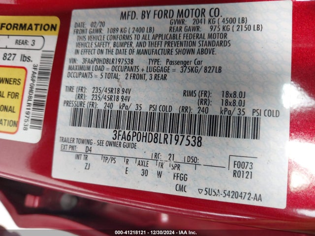 Ford FUSION SE 2020 3FA6P0HD8LR197538 Image 9