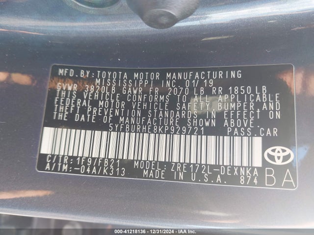 5YFBURHE8KP929721 Toyota COROLLA LE
