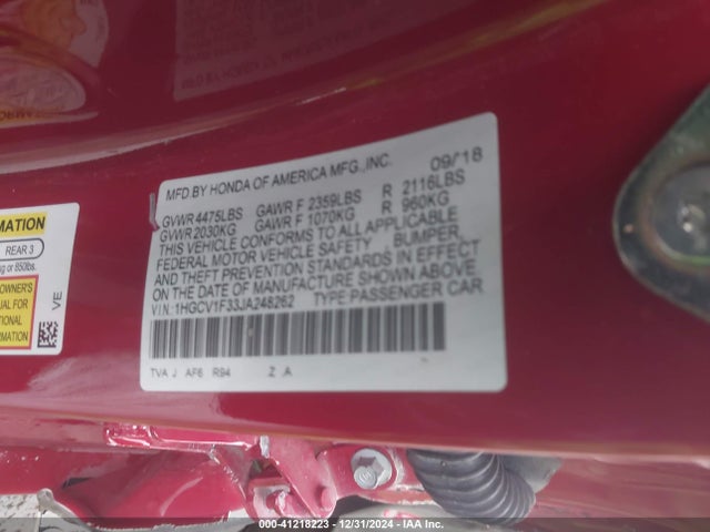 Продаж на аукціоні авто 2018 Honda Accord Sport, vin: 1HGCV1F33JA248262, номер лоту: 41218223