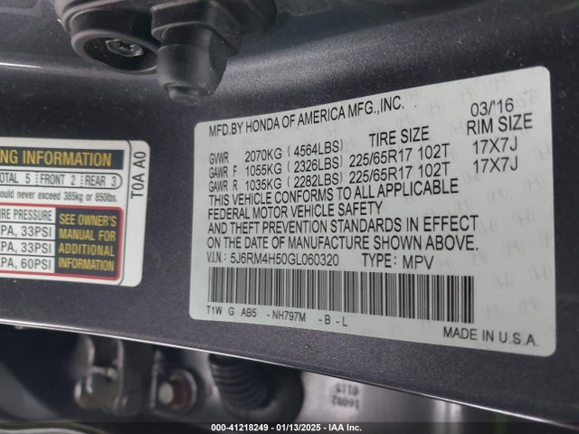 Honda CR-V EX 2016 5J6RM4H50GL060320 Image 9
