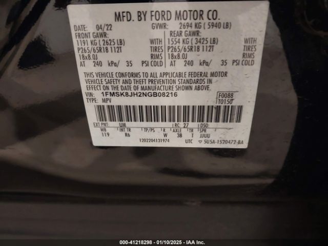 1FMSK8JH2NGB08216 Ford Explorer Timberline