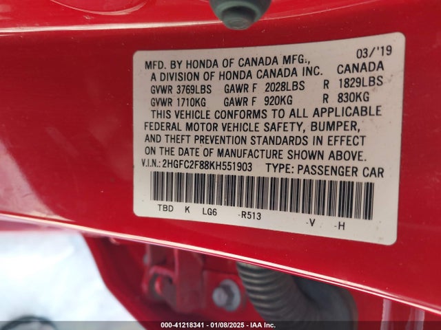 Honda Civic Sport 2019 2HGFC2F88KH551903 Image 9