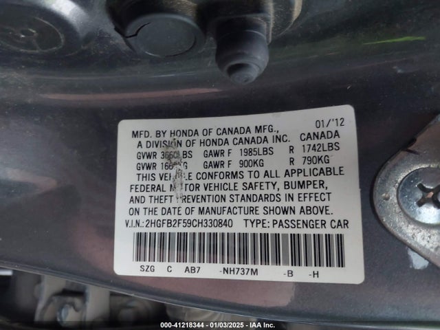 Продажа на аукционе авто 2012 Honda Civic Lx, vin: 2HGFB2F59CH330840, номер лота: 41218344