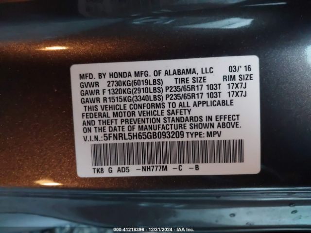 5FNRL5H65GB093209 Honda Odyssey Ex-l