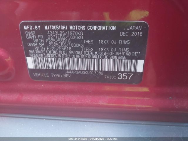 JA4AP3AU0KU017082 Mitsubishi Outlander Sport 2.0 Es/2.0 Le/2.0 Sp