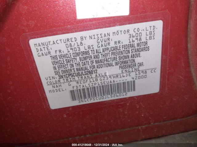 3N1CP5CU0JL526012 Nissan KICKS SV