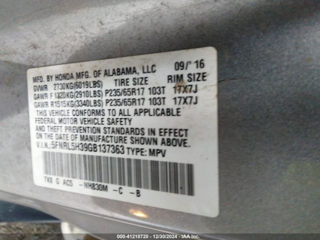 5FNRL5H39GB137363 Honda ODYSSEY SE