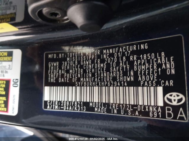 5YFBURHEXHP629414 Toyota COROLLA LE