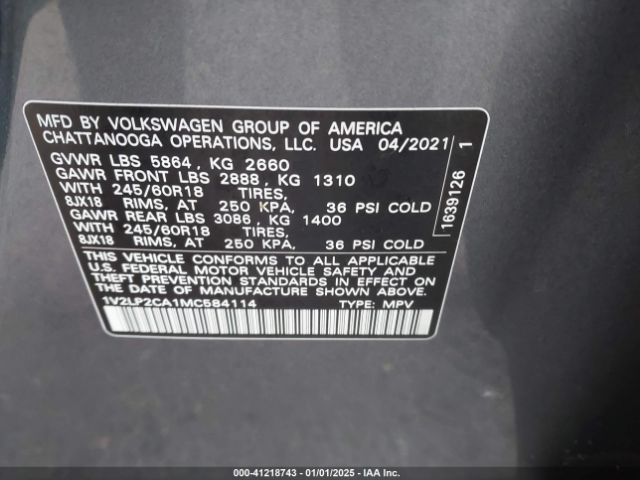1V2LP2CA1MC584114 Volkswagen Atlas 2.0t Se