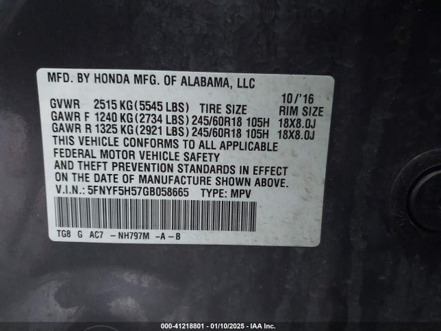 Honda Pilot Ex-l 2016 5FNYF5H57GB058665 Image 9