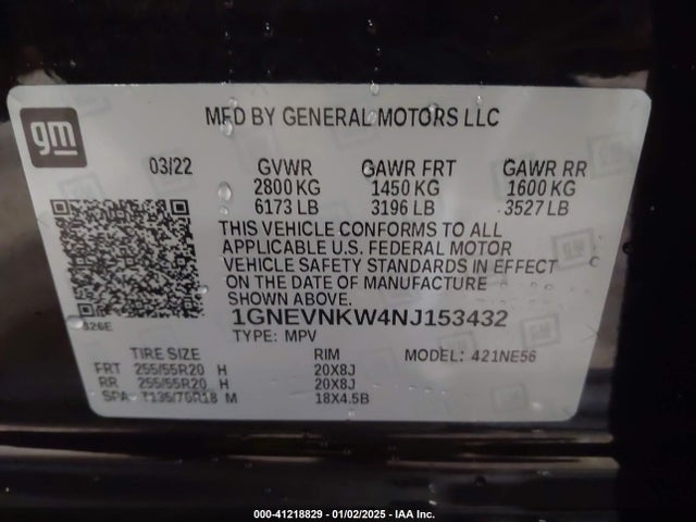 1GNEVNKW4NJ153432 Chevrolet Traverse Awd High Country