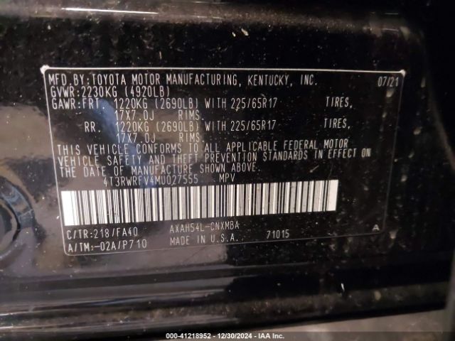 4T3RWRFV4MU027555 Toyota Rav4 Hybrid Xle