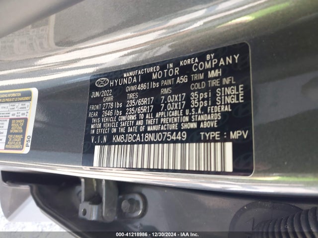 KM8JBCA18NU075449 Hyundai Tucson Hybrid Blue