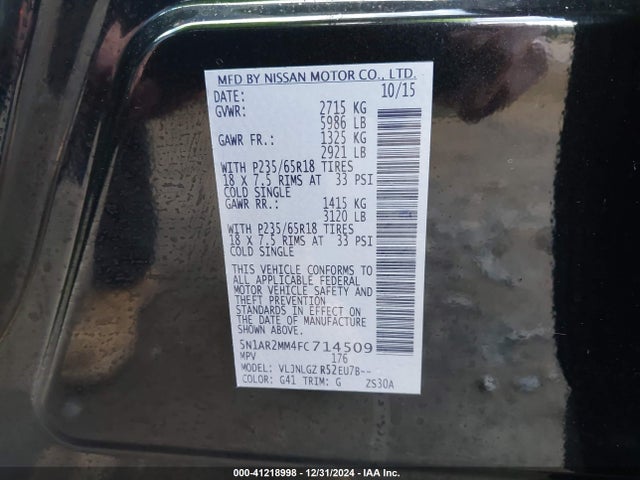 Nissan Pathfinder Sl 2015 5N1AR2MM4FC714509 Image 9