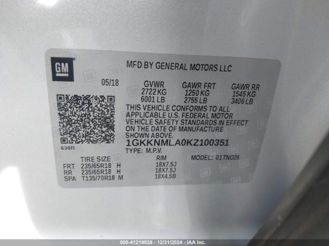 1GKKNMLA0KZ100351 GMC Acadia Slt-1