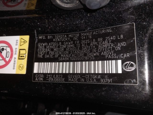 58ABK1GG5GU018755 Lexus ES 350