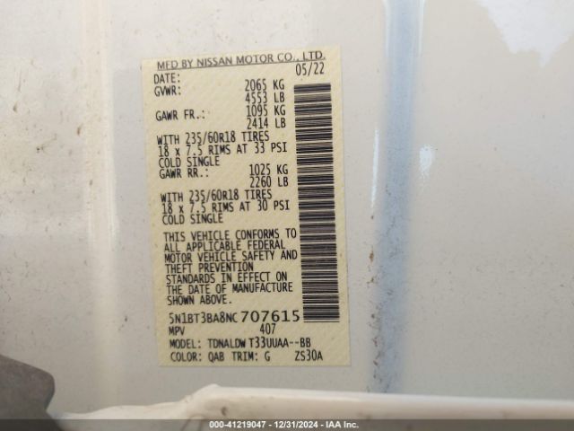 5N1BT3BA8NC707615 Nissan Rogue Sv Fwd