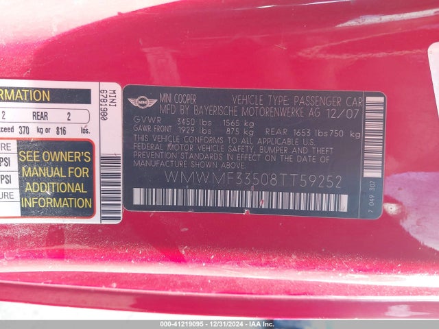 2008 MINI COOPER WMWMF33508TT59252 Photo 8