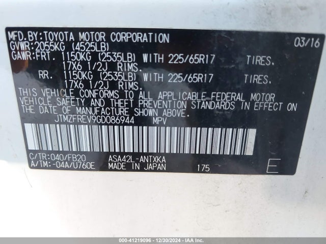 JTMZFREV9GD086944 Toyota RAV4 LE