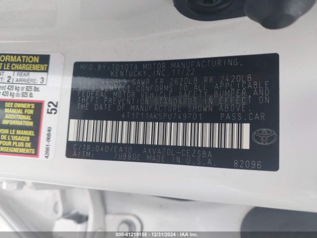4T1T11AK5PU749701 Toyota CAMRY SE