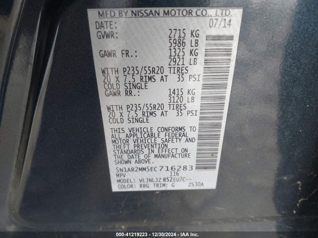 Nissan Pathfinder Platinum/s/sl/sv 2014 5N1AR2MM5EC716283 Image 9