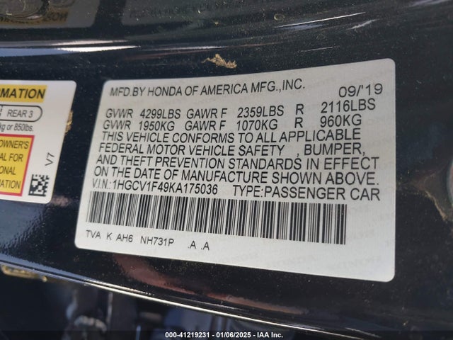 Honda ACCORD EX 2019 1HGCV1F49KA175036 Image 9