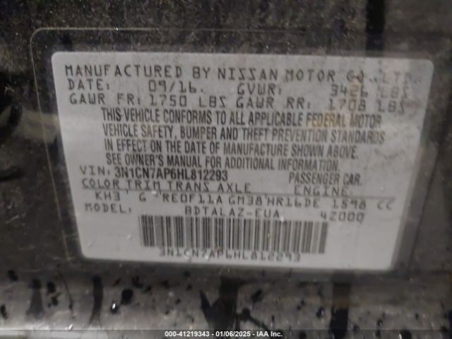 3N1CN7AP6HL812293 Nissan Versa 1.6 S+