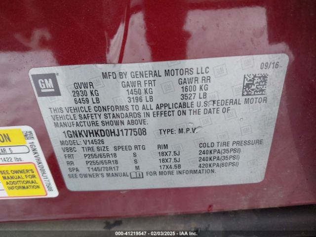 1GNKVHKD0HJ177508 Chevrolet Traverse 2lt
