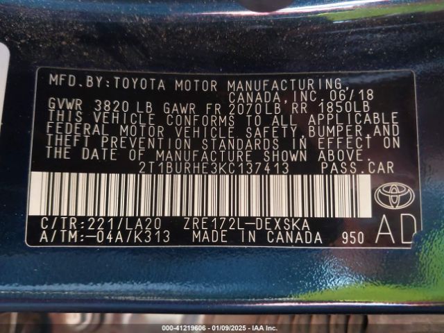 2T1BURHE3KC137413 Toyota Corolla Xse