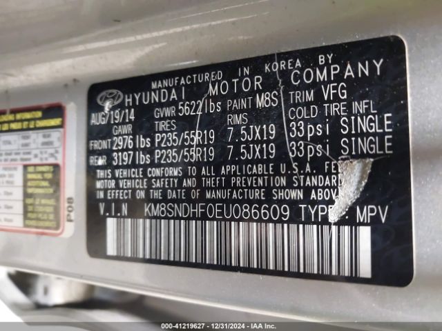 KM8SNDHF0EU086609 Hyundai Santa Fe Gls