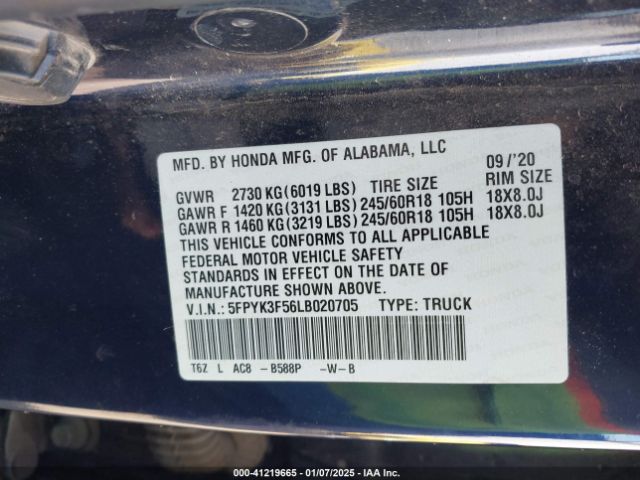 5FPYK3F56LB020705 Honda Ridgeline Awd Rtl