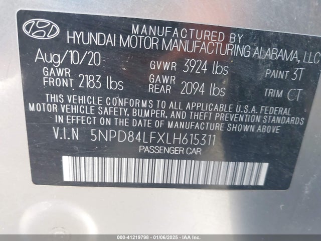 5NPD84LFXLH615311 Hyundai ELANTRA SEL