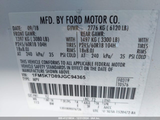 Ford EXPLORER XLT 2018 1FM5K7D89JGC94365 Image 9
