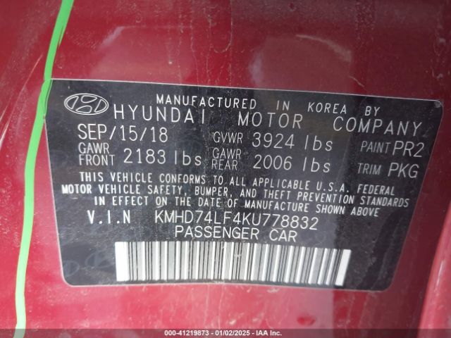 KMHD74LF4KU778832 Hyundai ELANTRA SE