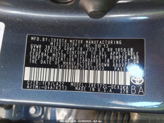5YFBURHE7EP013553 Toyota Corolla L/le/le Pls/prm/s/s Pls