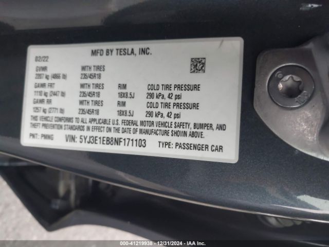 5YJ3E1EB8NF171103 Tesla Model 3 Long Range Dual Motor All-wheel Drive
