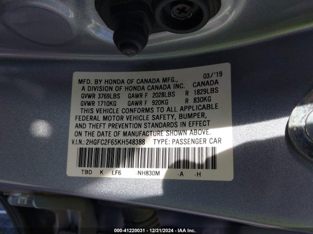 Honda Civic Lx 2019 2HGFC2F65KH548388 Image 9