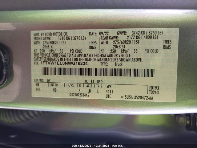 Ford F-150 Lightning Lariat 2022 1FTVW1EL0NWG16234 Image 9