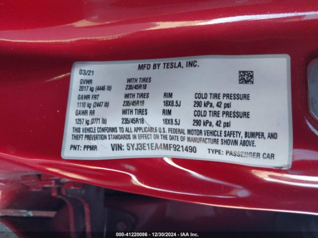 5YJ3E1EA4MF921490 Tesla Model 3 Standard Range Plus Rear-wheel Drive