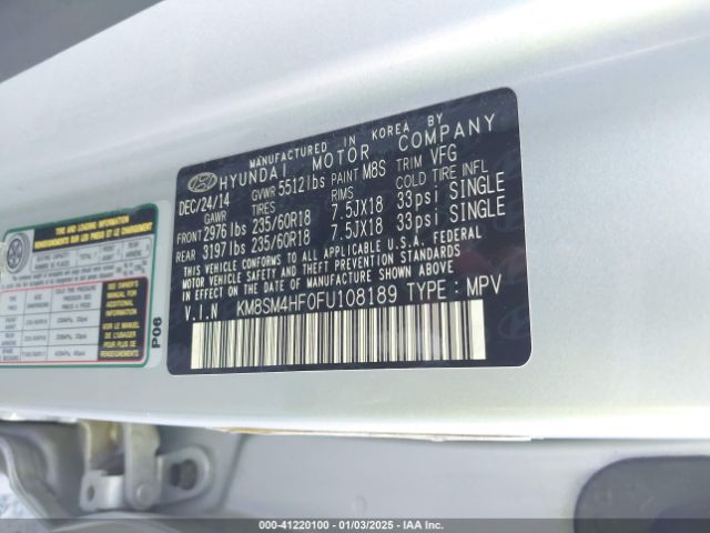 KM8SM4HF0FU108189 Hyundai Santa Fe Gls