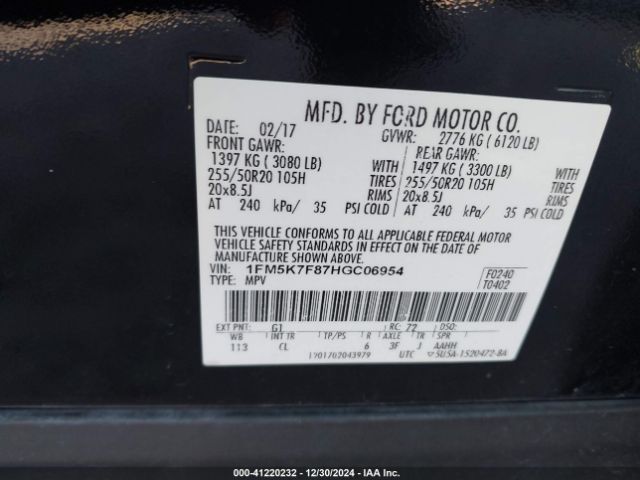 1FM5K7F87HGC06954 Ford Explorer Limited