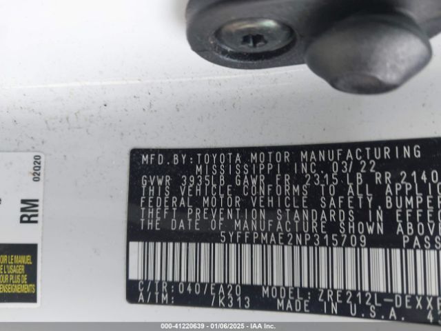 5YFFPMAE2NP315709 Toyota Corolla Xle