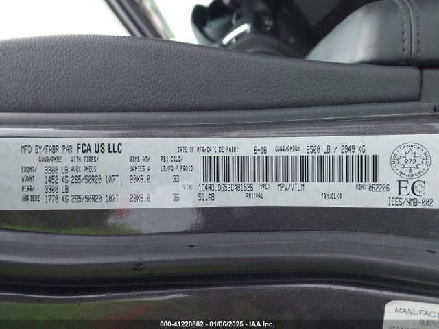 2016 Dodge Durango Limited მანქანა იყიდება აუქციონზე, vin: 1C4RDJDG5GC481526, აუქციონის ნომერი: 41220882