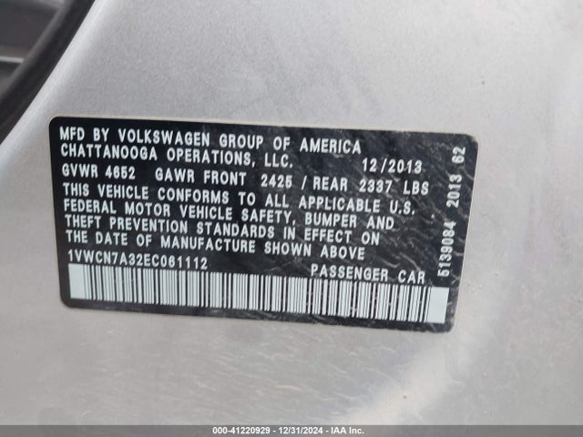 1VWCN7A32EC061112 Volkswagen Passat 2.0l Tdi Sel Premium