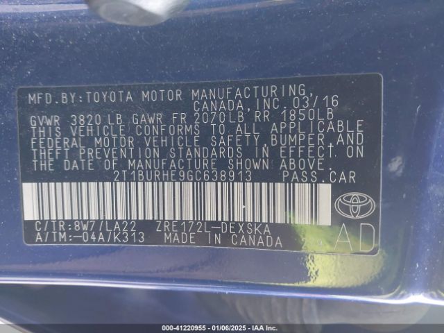2T1BURHE9GC638913 Toyota Corolla S Premium