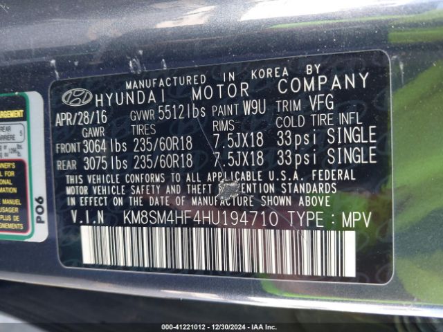 KM8SM4HF4HU194710 Hyundai Santa Fe Se